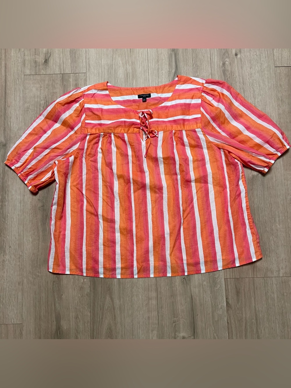 100% Cotton Women’s XLp Talbots Coral,Pink & White Striped Tie-Neck Peasant Top